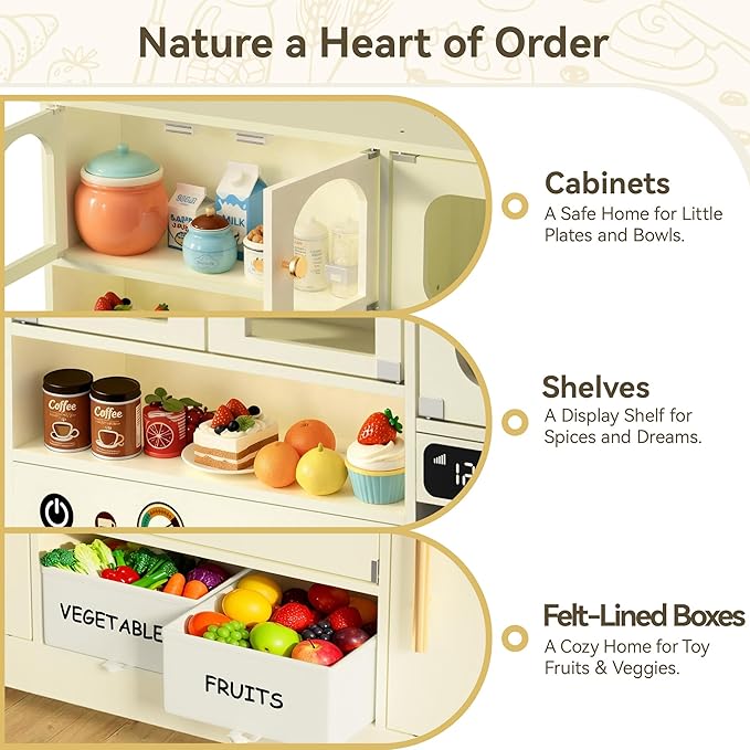 Play Kitchen for Toddlers with Felt Storage Boxes & Range Hook, Wooden Kids Kitchen Playset with Oven, Microwave, Ice Maker, Toy Kitchen Set with Coffee Maker for Girls & Boys Age 3+, Yellow Curtains