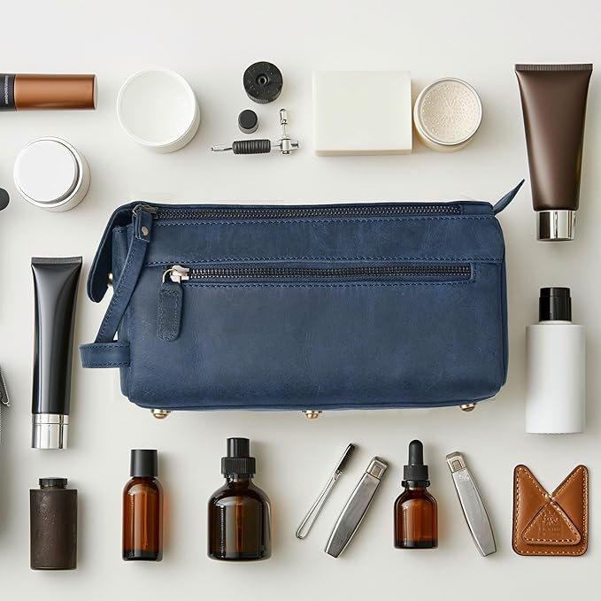 LEATHER VILLAGE Premium Leather Travel Toiletry Bag - Unisex Water-Resistant Travel Bag for Toiletries, Shaving & Cosmetic Organizer for Men & Women - Compact Bathroom Essentials - Royal Blue