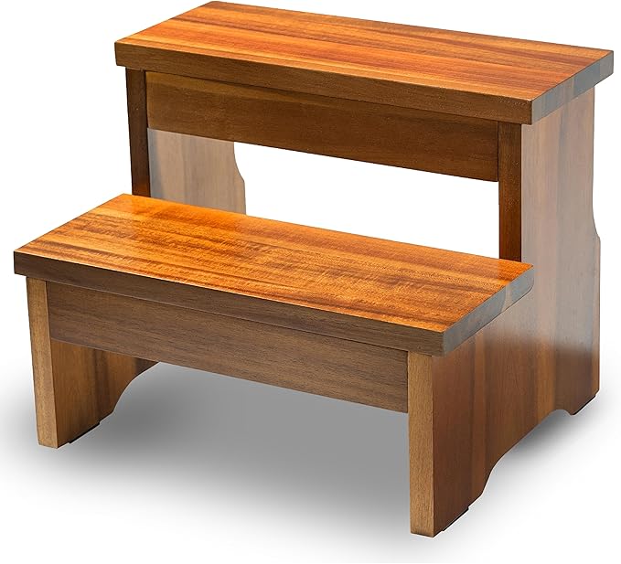 Wooden Two Step Stool, Heavy Duty 2-Step Ladder for Adults & Kids, Supports up to 450lbs for Kitchen, Bathroom or Bedside Use (Acacia Wood)