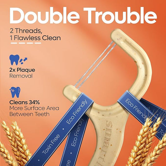 SmartLifeco Eco-Friendly Dual-Thread Dental Floss Picks (100ct) - Flossers Made with Straw Wheat Blend, Superior Anti-Shred for Tight Gaps, Tooth Pick Stick for Adults, Soft on Gum & Teeth, Unflavored