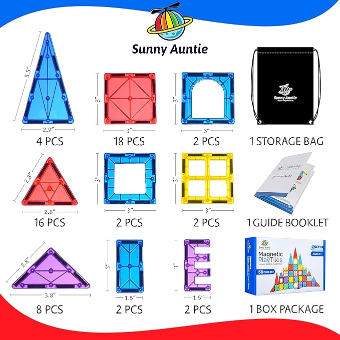 Magnetic Tiles 56 PCS, Magnetic Tiles for Kids & Toddlers Ages 3-8, Magnet Toy for 3 4 5 6 7 8 Year Old Boys Girls Kids & Toddlers, Magnet Blocks Building Set STEM Toy, Great Gift for Kids aged 3-8