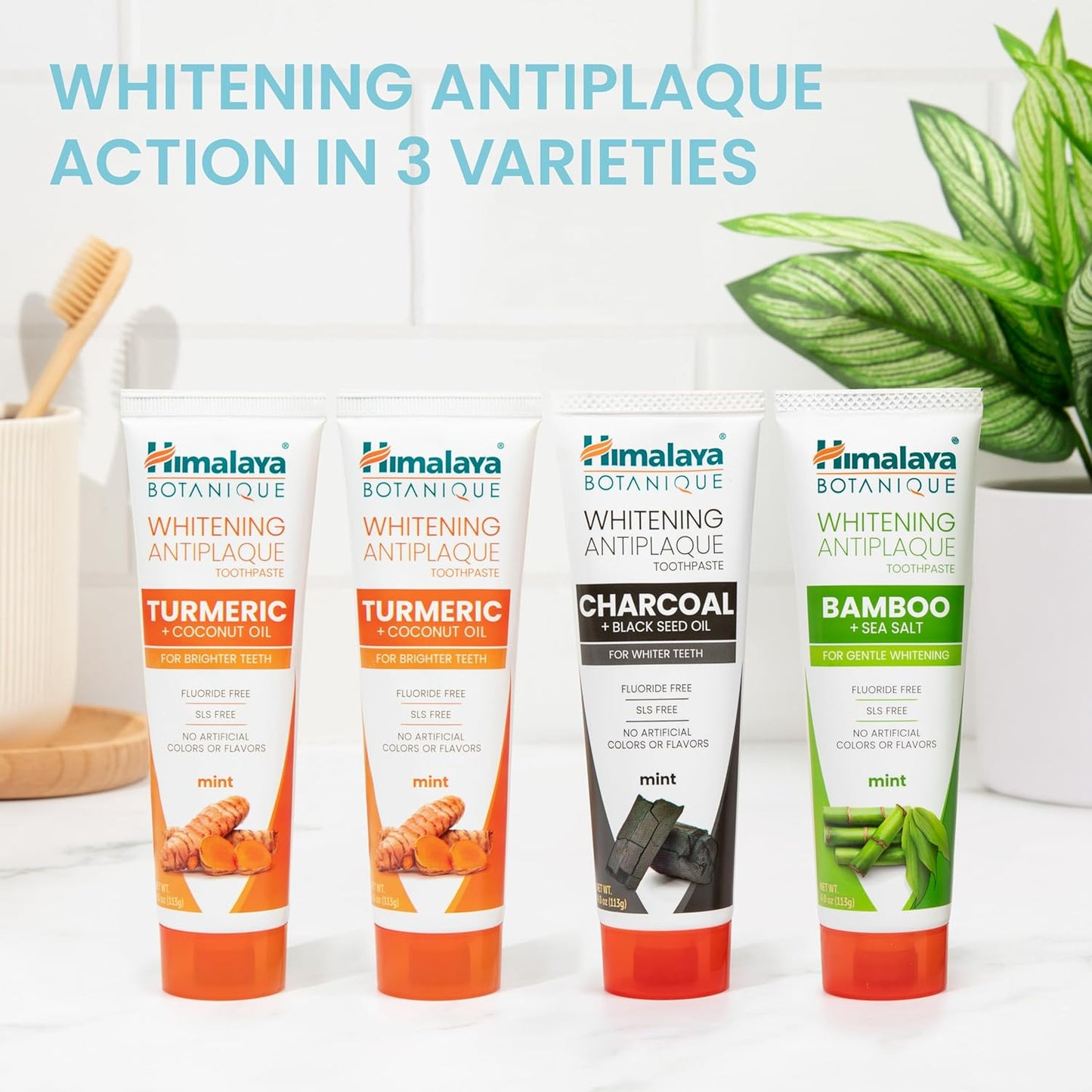 Himalaya Botanique Whitening Antiplaque Toothpaste, Variety Pack Mint Flavors - Whitening Toothpaste Without Fluoride for Whiter Teeth & Fresh Breath - Vegan, Gluten Free, 4 oz (Pack of 4)