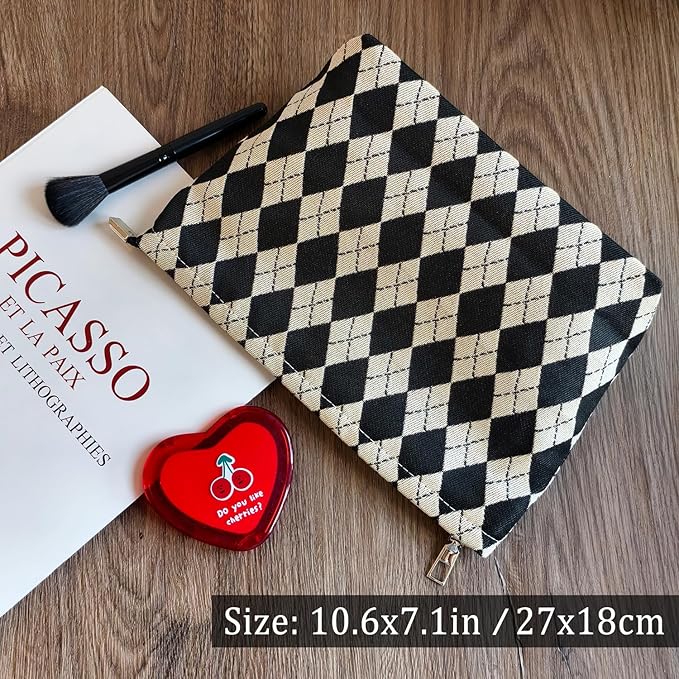 STARDW Parallel Checkered Makeup Bag Cute Cosmetic Bags for Women Girls, Travel Toiletry Bag Large Capacity Zipper Makeup Pouch, Purse Organizer Pouches
