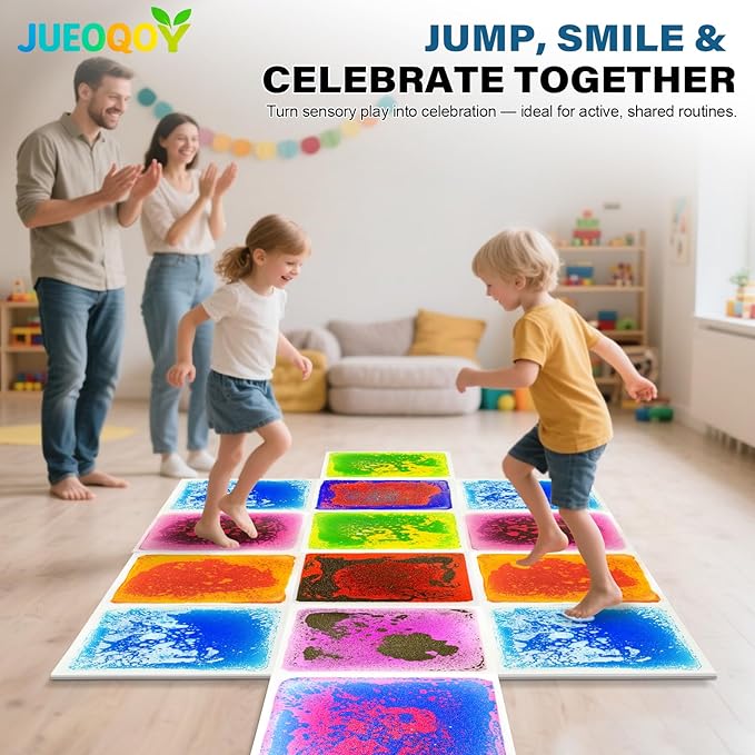 Liquid Sensory Floor Tiles for Kids Ages 3+, 12" Step-On Sensory Tiles with Non-Slip Base, Interactive Color-Flow, Assorted Colors, Classroom & Group Activity Set (9-Pack)