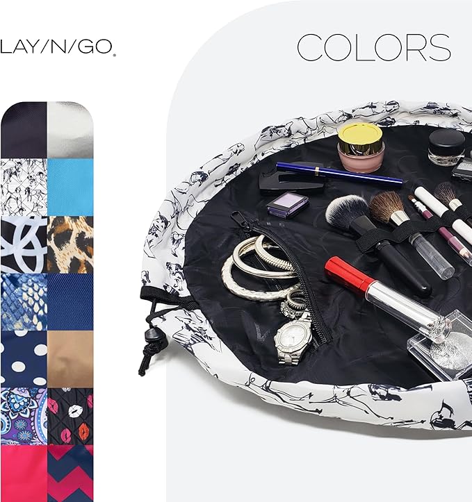 Lay-n-Go Cosmo Layflat Drawstring Cosmetic & Makeup Bag Organizer w/Zipper Pocket, Brush Loops & More, Cinch to Close, Lay Flat to Use, Durable, Machine Wash, Travel Toiletry Bag (20", Dogs)