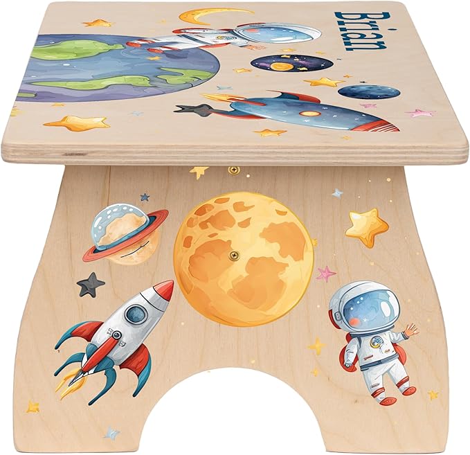 Step Stool for Toddlers- Personalized Wood Kids Step Stool with Name for Kitchen Sink, Bathroom, Potty Training, Toilet, Kitchen Sink- Sturdy and Safe- Made in USA by BloomOwl (Astronaut)
