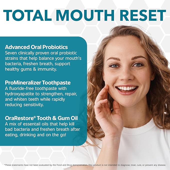 Dentist Formulated Oral Health System with Fluoride Free Remineralizing Nano Hydroxyapatite Toothpaste, OraRestore Mouthwash Concentrate & Oral Probiotics for Bad Breath, Enamel Strength, Oral Balance