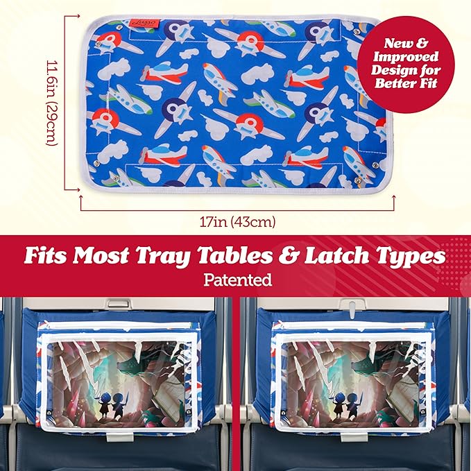 Lusso Gear Airplane Tray Table Cover - Organize Kids Travel Essentials - Snack & Toy Pockets for Airplane Toys for Toddlers 1-3 - Foldable iPad and Tablet Stand for Travel Toddler Essentials