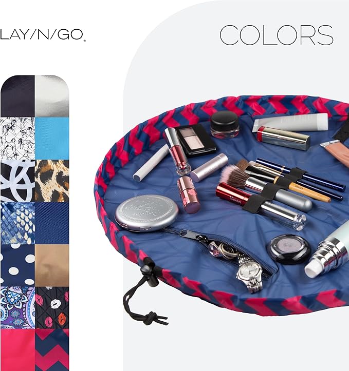 Lay-n-Go Cosmo Drawstring Cosmetic & Makeup Bag Organizer - Portable Drawstring Makeup Bag w/Zipper Pocket, Makeup Loops & More - Durable, Machine Washable Toiletry Bag (20", Pink Chevron)