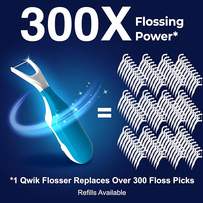 QWIK Automatic Dental Flosser | Click-to-Use, Reusable & Refillable | Pre-Loaded Floss with Travel Cover | Easy Flossing for Plaque Removal, Clean Teeth & Fresh Breath (Green)