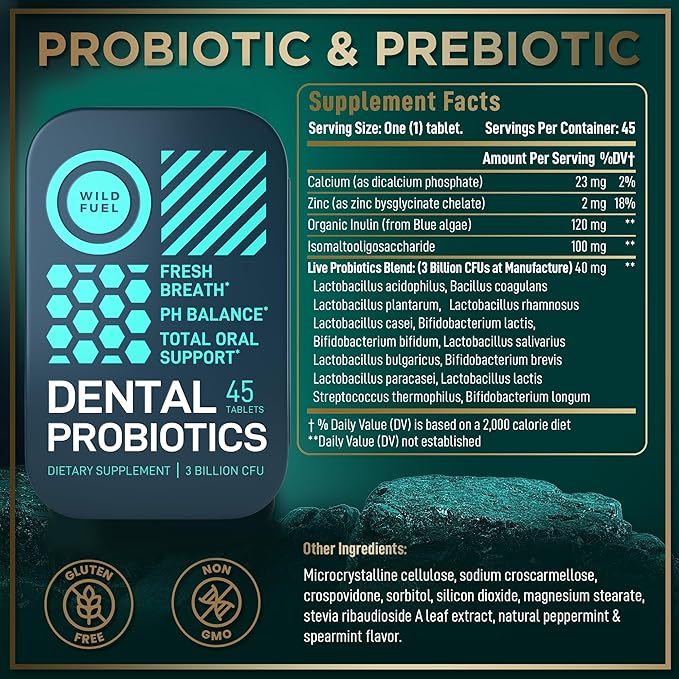 Dental Probiotics for Teeth and Gums - 3 Billion CFU Lactobacillus Salivarius Acidophilus Oral Probiotics for Mouth Bad Breath Treatment for Adults - 45 Mint Tablets for Oral Health in a Travel Tin