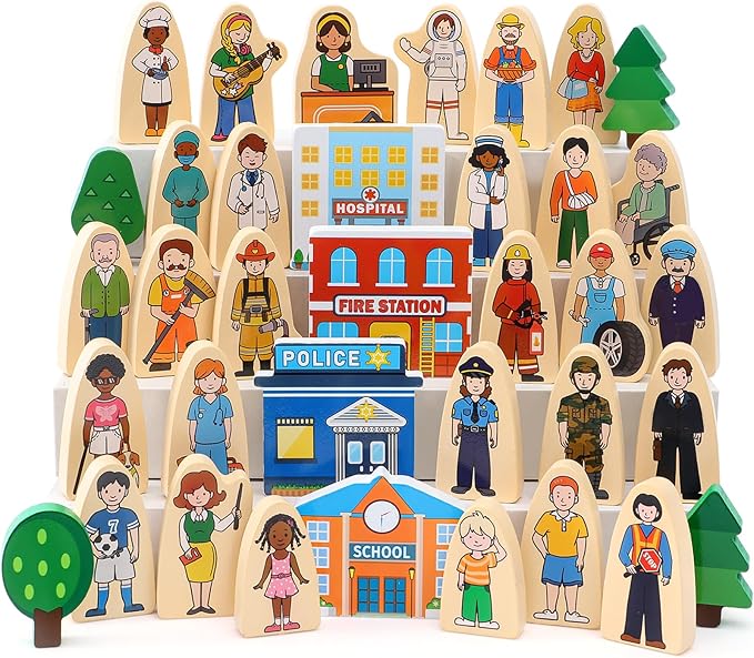 Atoylink 36Pcs Wooden Community Helpers Pretend Play Toys for Kids 3 4 5 6 Year Old, Wooden People Figures Blocks Occupations Dress up Toddlers Preschool Learning Toys Boys Girls Birthday Gifts