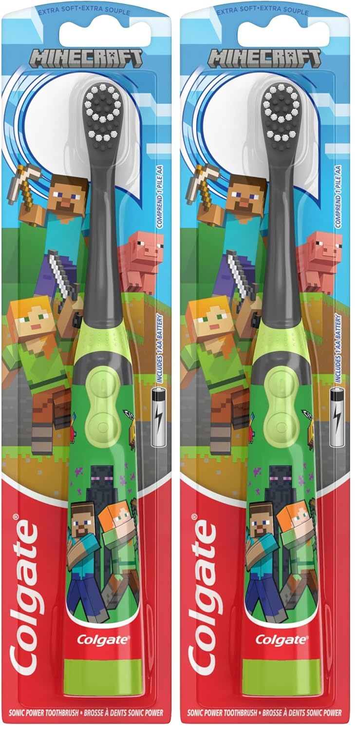 Colgate Kids Battery Powered Minecraft Toothbrush, Extra Soft Kids Battery Toothbrush with 1 AA Battery Included, Made for Ages 3 and Up, Features Easy On and Off Switch, Flat Lay Handle, 1 Count