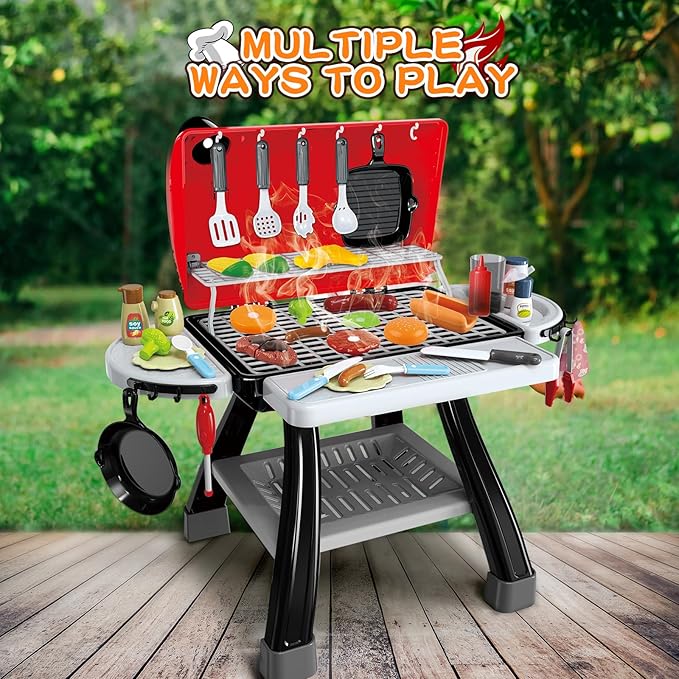 Kids Play Kitchen Toys, Kids BBQ Grill Kitchen Playset with Smoke, Sound & Light, Play Food Toys Cooking Set, 2-Layer Barbecue Outdoor Play Grill Toy Gift for Toddler Boys Girls 3-5