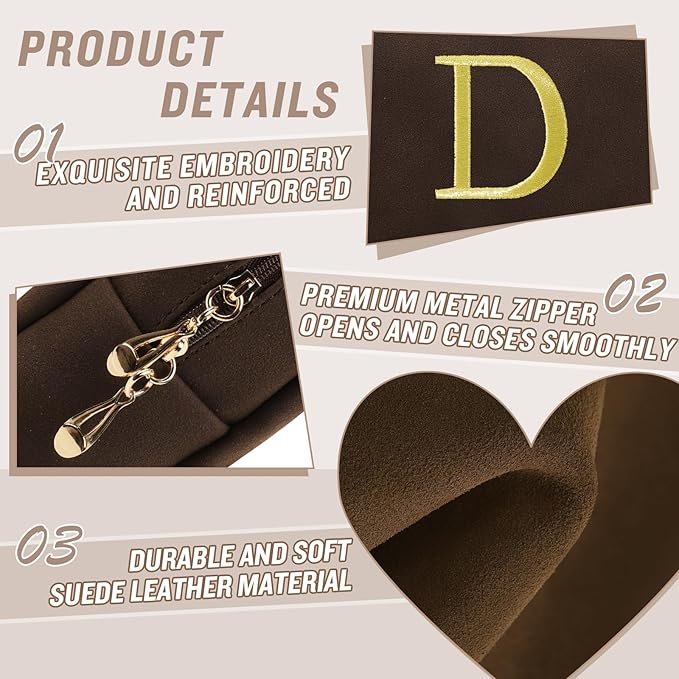 Personalized Initial Makeup Bag,Preppy Suede Cosmetic Bag for Teen Girls,Small Monogram Travel Toiletry Bag With Gold Embroidered Letter,Trendy Stuff Custom Christmas Gift for Women(Coffee-D)