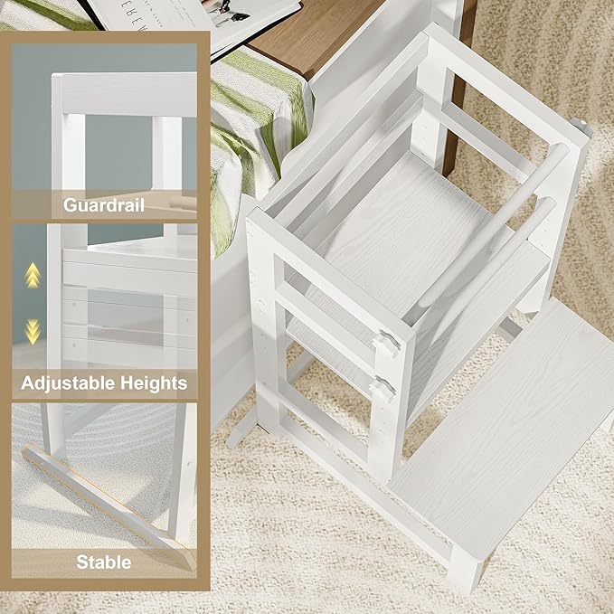 Kitchen Step Stool for Toddlers, [Thicker Tube Upgraded] Anti-Tip Toddler Tower with Safety Rail, Height Adjustable Helper for Kids, Learning Tower, Kids' Desk White Bigger