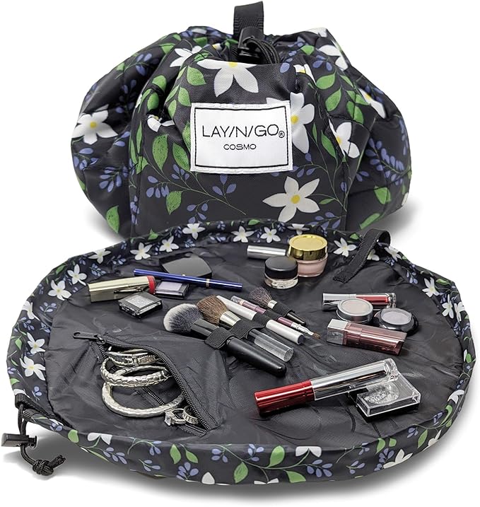 Lay-n-Go Cosmo Drawstring Cosmetic & Makeup Bag Organizer - Portable Drawstring Makeup Bag w/Zipper Pocket, Makeup Loops & More - Durable, Machine Washable Toiletry Bag (20", Floral Large)