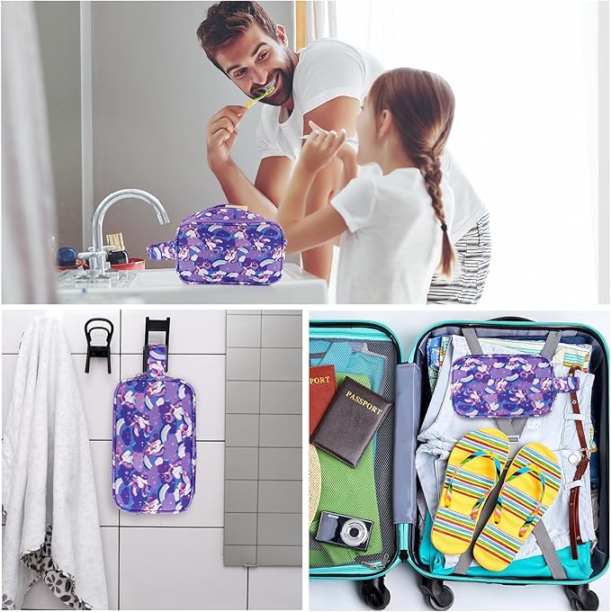 Unicorn Kids Toiletry Bag for Girls, Travel Toiletry Bag for Little Young Girls Cosmetic Bag Makeup Bag Waterproof Hanging Wash Bag Toddler Toiletries, Purple