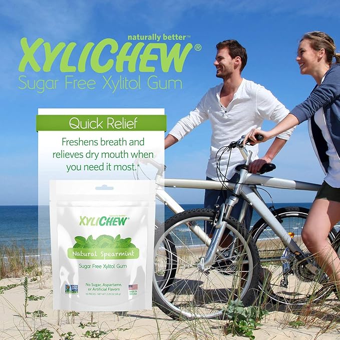 Xylichew 100% Xylitol Chewing Gum - Non GMO, Non Aspartame, Gluten Free, and Sugar Free Gum - Natural Oral Care, Relieves Bad Breath and Dry Mouth - Spearmint, 50 Count