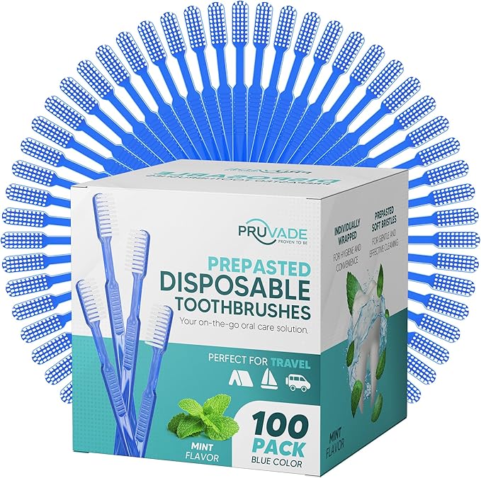 100 Pack Disposable Toothbrushes with Toothpaste Built In | Mint Prepasted Toothbrushes Individually Wrapped - Blue Single Use Waterless Toothbrush with Soft Bristles for Work, Camping, Travel