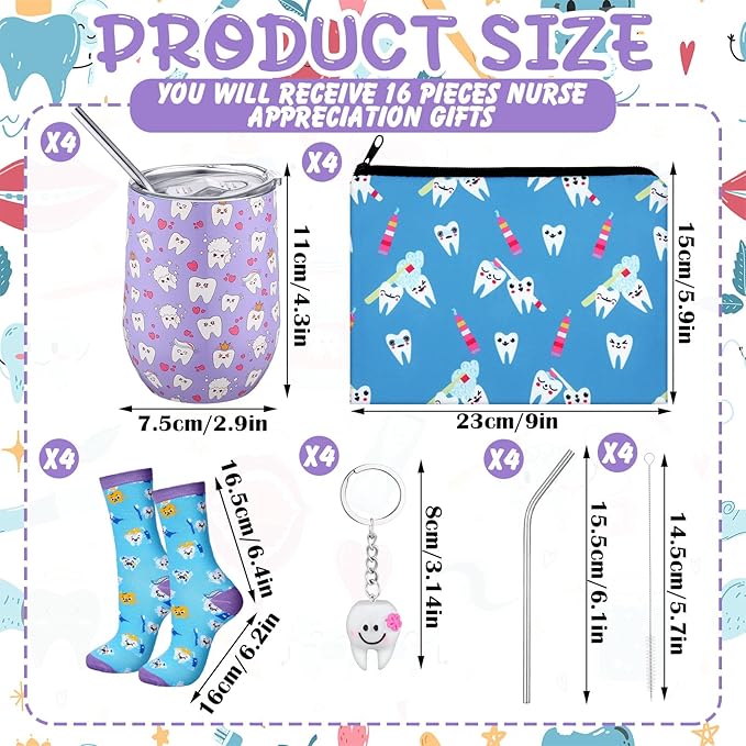 16 Pcs Dental Hygienist Gifts Bulk Include12 oz Teeth Stainless Steel Tumbler Cosmetic Bag Tooth Shape Keychain Tooth Socks Dental Assistant Gifts for Nurse Graduation Accessories