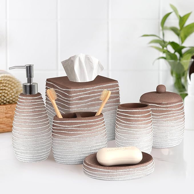 6-Piece Bathroom Accessories Set – Soap Dispenser, Toothbrush Holder, Tumbler, Soap Dish, Cotton Swab Jar & Toilet Brush – Modern Bathroom Decor Set (Antonetta)