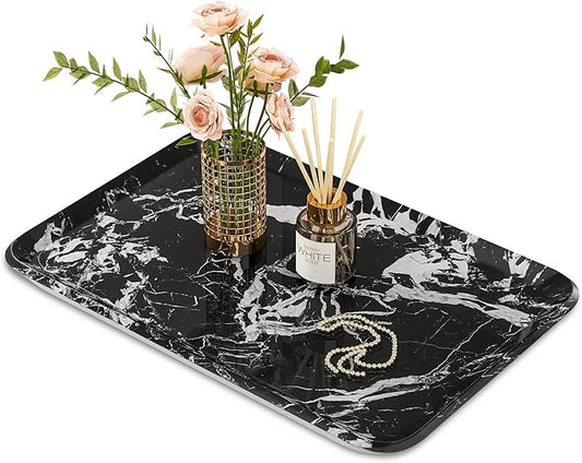 Vanity Decorative Tray, 12" x 8" Black Marble Pattern Perfume Tray, Bathroom & Countertop Organizer for Soap, Jewelry, Candle