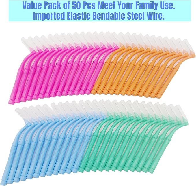50 Pcs Interproximal Brush, Gum Interdental Brushes, L Angle Reusable Dental Cleaners Brushes,Disposable Oral Dental Hygiene Brush,Dental Toothpick Floss for Braces,Tooth Cleaning Tool (4 Multi-color)