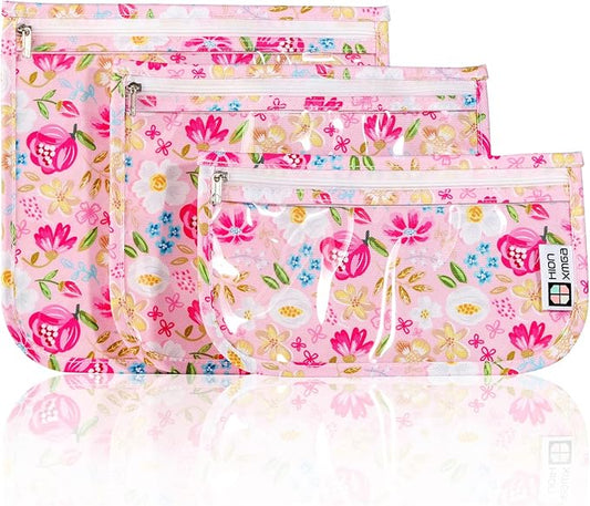TSA Approved Toiletry Bag, Set of 3 Clear Travel Toiletry Bag Quart Size Zipper Travel Pouch, Waterproof Makeup Cosmetic Bag for Women Men Kids Toiletries Carry on, Flowers