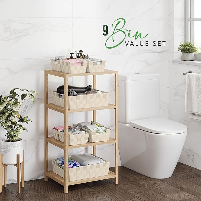 Baskets For Organizing Set Of 9 Cream - Storage Baskets For Shelves - Perfect Closet Organizer Bins, Bathroom Basket, and Pantry Basket - Small Storage Bins For Shelves - Bin For Organization