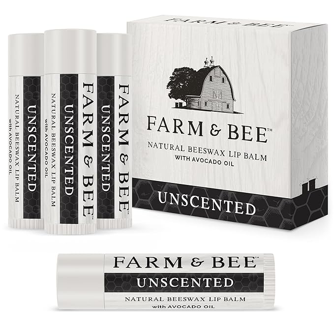 Natural Lip Balm - Organic & Natural Ingredients - Beeswax Based Moisturizing Lip Care Chapstick for Chapped Lips - Great Gift Idea - Farm & Bee - 0.15oz (Pack of 4 - Unscented)