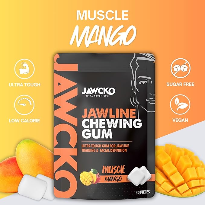 JAWCKO Ultra-Tough Jawline Chewing Gum | Get a Stronger, Squarer Jawline | Mango Jaw Training Hard Gum | 15X Strength | Chisel, Sculpt, Tone your Jawline | Facial Fitness Mewing Gum | 40 Pieces/Pack