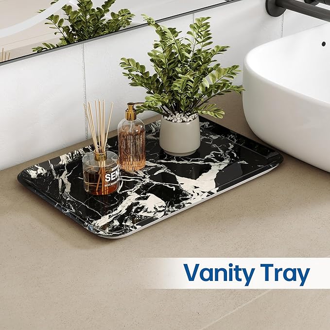 Vanity Decorative Tray, 12" x 8" Black Marble Pattern Perfume Tray, Bathroom & Countertop Organizer for Soap, Jewelry, Candle