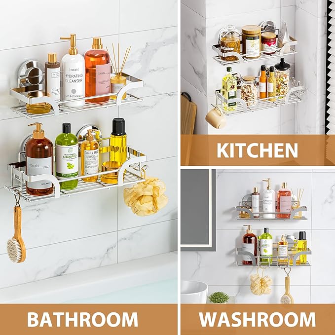 LEVERLOC Shower Caddy Suction Cup 2 Pack, Shower Shelf for Inside, Large Capacity Bathroom Organizers and Storage, Rustproof & Waterproof Metal Bath Basket, No-Drilling, Heavy Duty, Silver