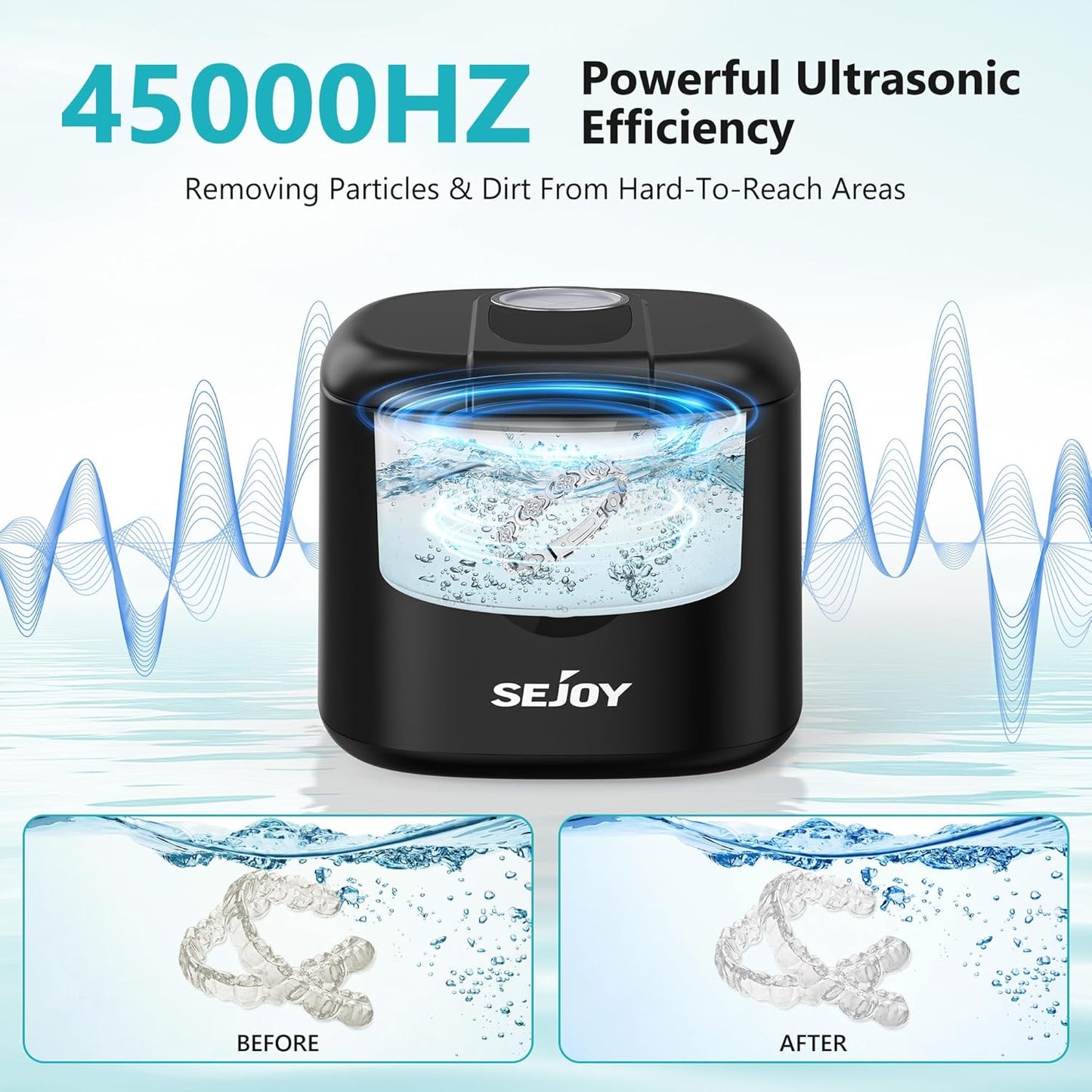 Sejoy 45kHz Ultrasonic Retainer Cleaner, Double Denture Cleaning Machine with Digital Timer, Cleaner for Braces, Mouth Guards, Rings, Toothbrush