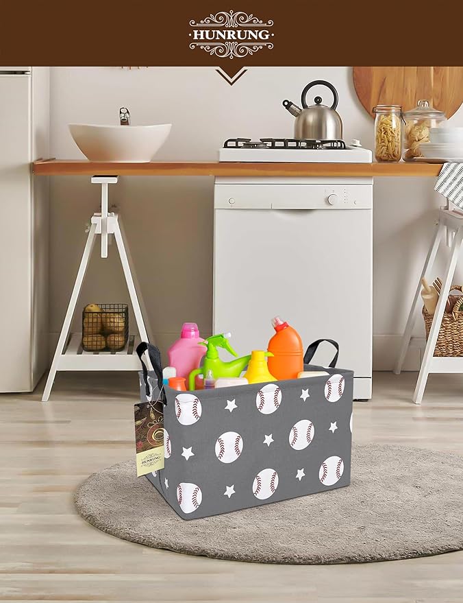 HUNRUNG Rectangle Storage Basket Cute Canvas Organizer Bin for Pet/Children Toys, Books, Clothes Perfect for Rooms/Playroom(REC-Grey Baseball)
