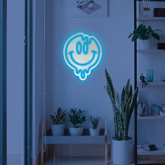 Smiley Face Neon Sign, LED Mirror Wall Light, Melting Smiley Face Decor for Girls, Cool Large Neon Sign for Room or Wall Decoration