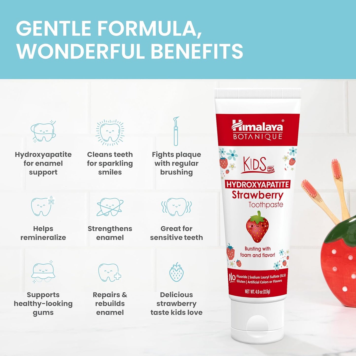Himalaya Botanique Kids Hydroxyapatite Toothpaste, Strawberry Flavor - Nano Hydroxyapatite to Support Remineralization and Restore Enamel, Fluoride-Free, Vegan, Gluten Free, 4 oz