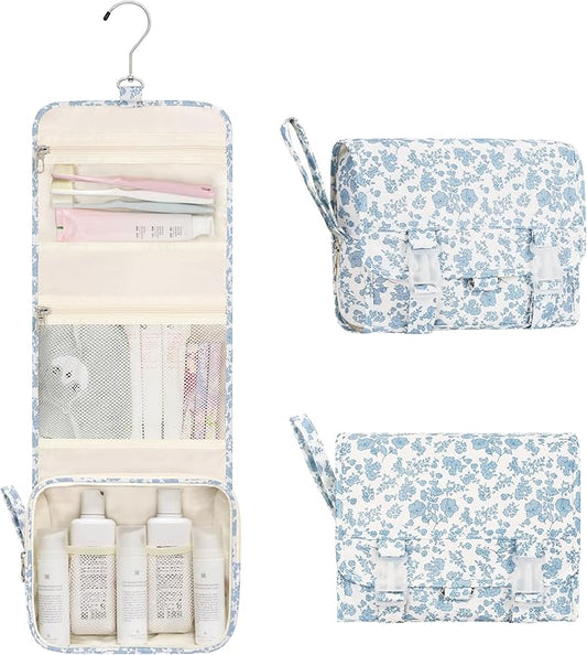 Relavel Small Hanging Toiletry Bag for Men and Women, Portable Hanging Organizer for Travel-Sized Shower Dopp Kit, Waterproof Toiletries Organizer with 3 Compartments for Outdoor - Blue Flower