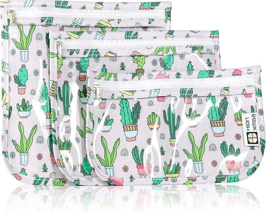 TSA Approved Toiletry Bag, Set of 3 Clear Travel Toiletry Bag Quart Size Zipper Travel Pouch, Waterproof Makeup Cosmetic Bag for Women Men Kids Toiletries Carry on, Cacti A