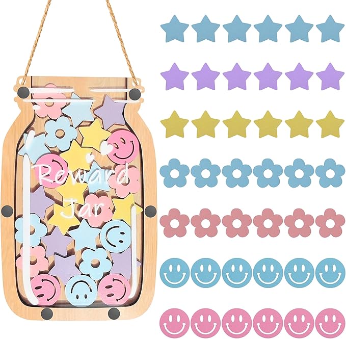 Personalized Stars Reward Jar Magnetic Reward Jar, Classroom Reward Jar for Kids, Jar Reward System Behavior Chart for Kids Incentive Chart for Classroom (Star+Smile+Flower)