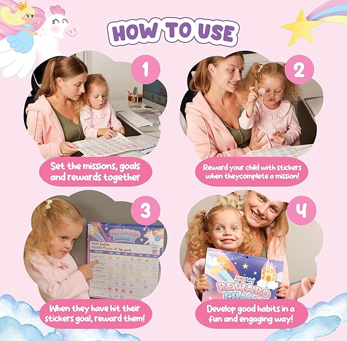 Reward Chart for Kids - 11.4" x11.2" with 1,920 Mini Stickers,49 Big Motivational Stickers, Behavior Chart for Kids at Home, Magnetic Chore Chart, Chore Chart for Kids (Unicorn & Princess)