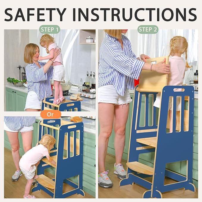 WINGYZ Toddler Kitchen Stool – Adjustable Helper Tower for Kids with Safety Rail, Wooden Standing Step-Up Stool, Sliding Door & Stable Base, Dark Blue