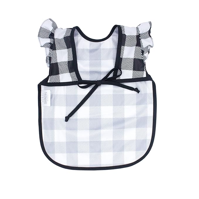 BapronBaby Flutter White Buffalo Plaid Bapron - No Neck Tie Safer Bib for Baby & Toddler - Soft Waterproof Stain Resistant - Machine Washable - Sz Preschool 3-5yrs