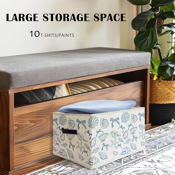 Coquette Blue Bow Ocean Storage Bin Box With Handles for Girls Kids, Bow Coastal Nautical Foldable Organizer Basket Toybox for Girls Room Nursery Bedroom Bathroom Clothes Toys Books