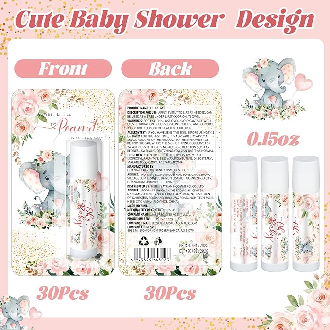 30 Pack Christmas Pink Elephant Party Baby Shower Games Prizes Bulk Lip Balms Little Peanut Party Gifts for Winners Boy Girls Gender Reveal Favors Decor Baby Shower Souvenirs Stocking Stuffers