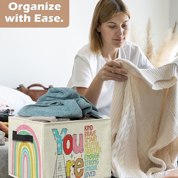 Boho Rainbow Inspirational Storage Bins, Positive Affirmation Gifts for Kids Collapsible Storage Box Laundry Basket with Handle for Home Bedroom Bathroom Playroom Clothes Toys Books