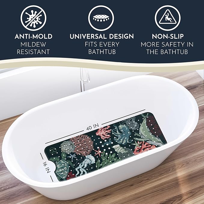 Homerella Baby Bath Tub Mat | Anti Mold Mildew Resistant Non Slip Kids and Adult Bath Tub Shower Mats | 40x16 inch Long with Suction Cups for Secure Grip Hooks for Storage & Drying | Machine Washable