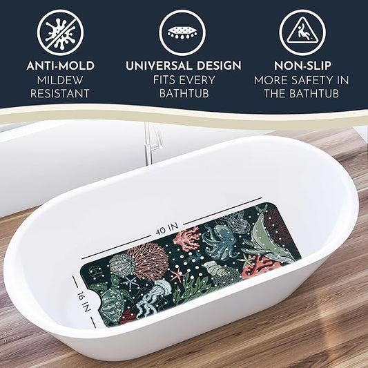 Homerella Baby Bath Tub Mat | Anti Mold Mildew Resistant Non Slip Kids and Adult Bath Tub Shower Mats | 40x16 inch Long with Suction Cups for Secure Grip Hooks for Storage & Drying | Machine Washable