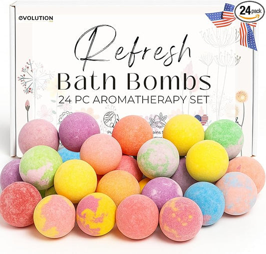 EvolutionUSA Refresh Bath Bombs for Women, 24 Lush Bath Bombs Mini Sized, Luxurious Womens Gift for Mother's Day, Easter, Birthday or Self Care, Luxurious & Relaxing Bathbombs, Womens Bath Balls